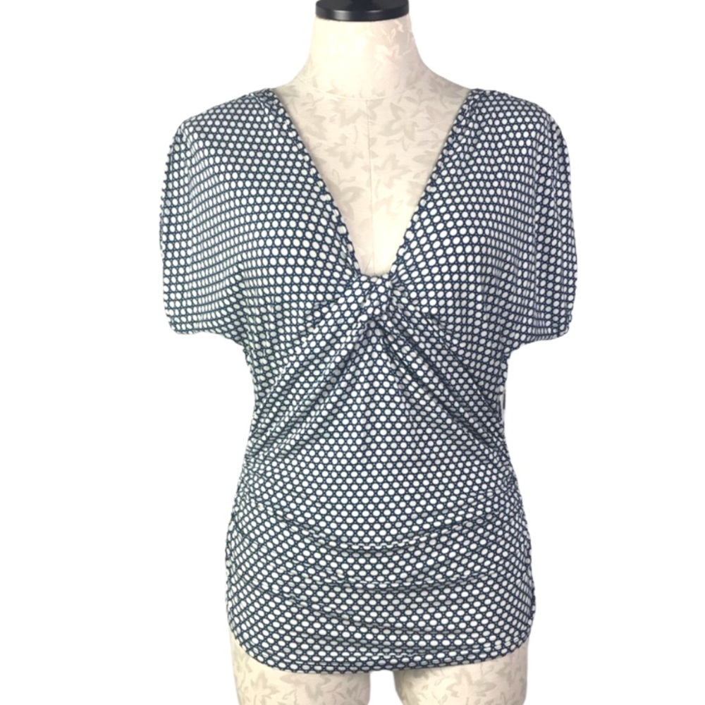 Weston Wear Ruched Print Top Knotted Neckline Women Sz XS